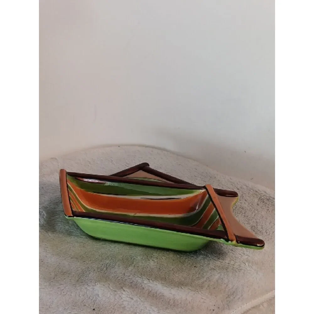 CLAY ART Green Glazed Ceramic Beachy Snack Tray / Trinket Dish